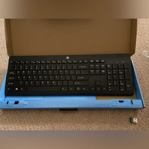 HP 230 Wireless Keyboard in Black and Blue Box